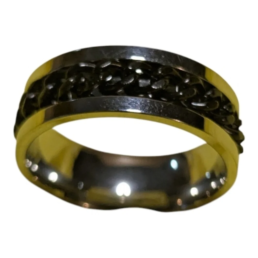 Fidget Spin Ring Silver Black Chain Band Sz 10 NEW A-025